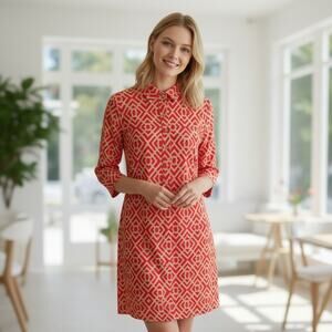 NWT Jude Connally Susanna Dress Womens Small Red & Beige Geometric JC208 USA